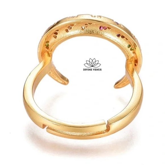 Moon Ring | Colorful | Brass and Cubic Zirconia | Size 6 Adjustable - Picture 4 of 4